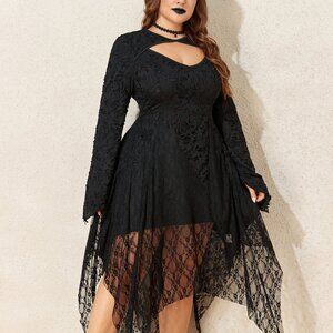 Plus Size Gothic Dark Lace A-line Dress with Irregular Hem